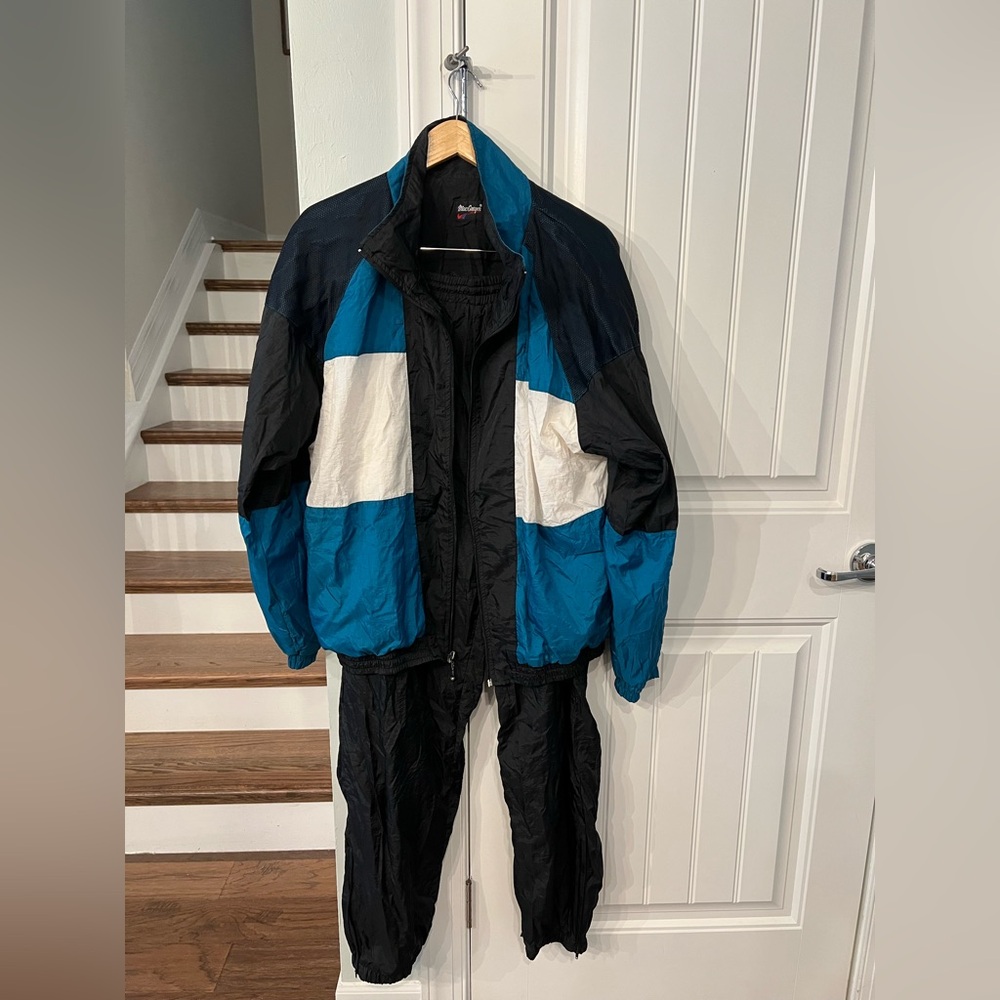 Vintage McGregor Blue and Black Windbreaker Jacket and Pants Set Size Large